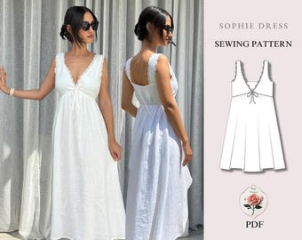Könnte beinhalten: Ein weißes ärmelloses Kleid mit tiefem V-Ausschnitt, Spitzenbesatz und einer Bindung vorne. Das Bild enthält eine technische Strichzeichnung des Sophie Dress Schnittmusters mit dem Text Sophie Dress Sewing Pattern und PDF.