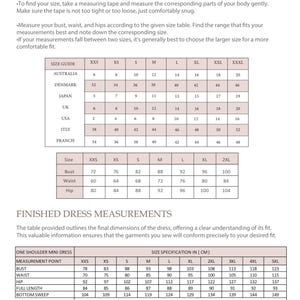 May include: Size chart for a one-shoulder mini dress with measurements in inches and centimetres. The chart includes bust, waist, hip, full length, and bottom sweep measurements for sizes XXS to 5XL. Fabric consumption is also listed for each size.