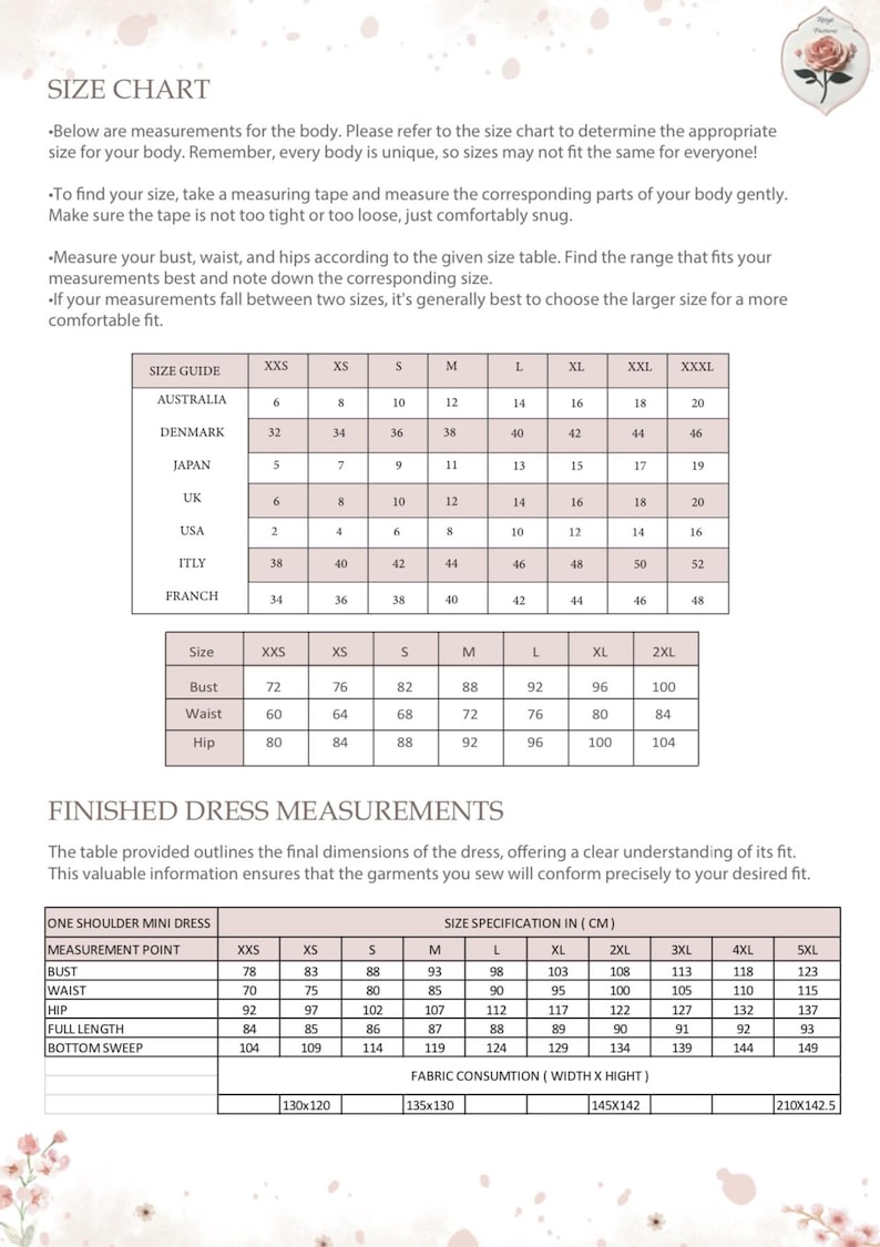 May include: Size chart for a one-shoulder mini dress with measurements in inches and centimetres. The chart includes bust, waist, hip, full length, and bottom sweep measurements for sizes XXS to 5XL. Fabric consumption is also listed for each size.