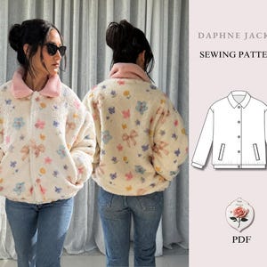 May include: A Daphne Jacket sewing pattern PDF featuring a cream-coloured fleece jacket with a pastel floral and bow print, a pink collar, and a front button closure. The image includes a technical line drawing of the jacket design.