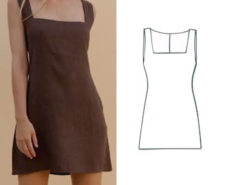 Pattern PDF Video Tutorial A-Line Mini Dress With Square Neckline, digital sewing pattern Sized XXS - XXL
