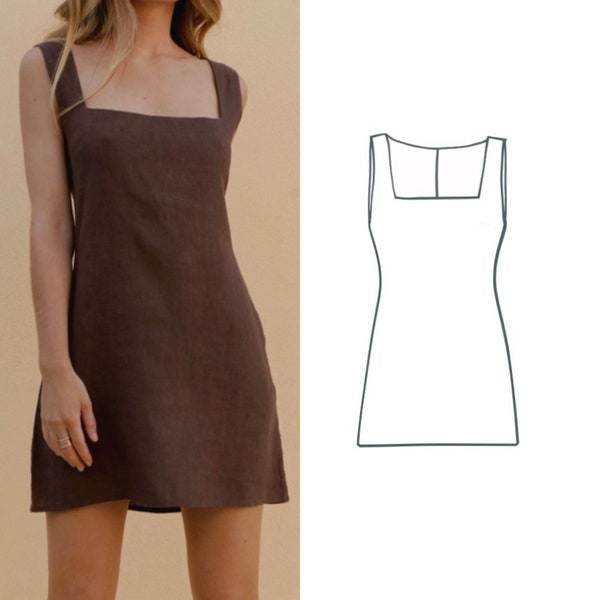 Pattern PDF + Tutorial Video A-Line Mini Dress With Square Neckline, digital sewing pattern Sized XXS - XXL