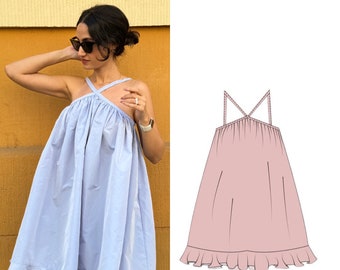 Digital Pattern Mini Ruffle Puffy Strap Dress | PDF Sewing Template XXS-XXL