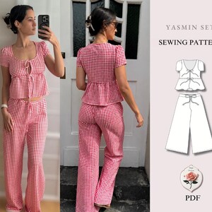 May include: A red and white gingham two-piece set consisting of a short-sleeved top with a front tie closure and matching wide-leg pants. The image includes a technical line drawing of the Yasmin Set sewing pattern with PDF text.