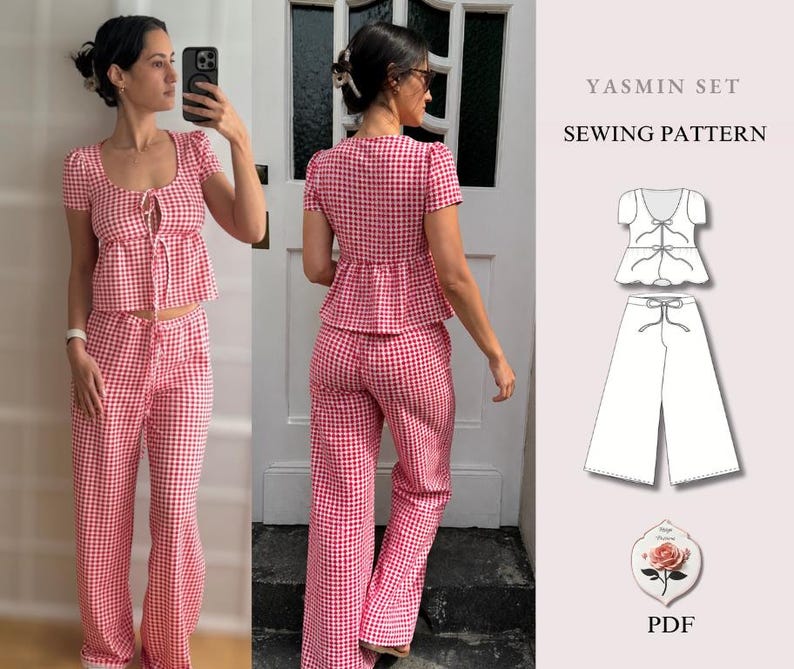 May include: A red and white gingham two-piece set consisting of a short-sleeved top with a front tie closure and matching wide-leg pants. The image includes a technical line drawing of the Yasmin Set sewing pattern with PDF text.