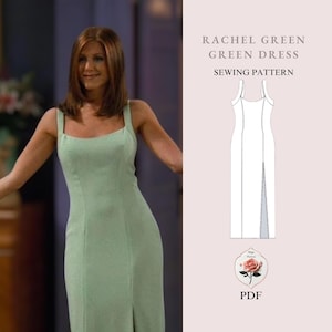 Op de afbeelding: Een naaipatroon voor een groene maxi-jurk met een split aan de voorkant. Het patroon heet "Rachel Green Green Dress Sewing Pattern" en bevat een PDF-download.