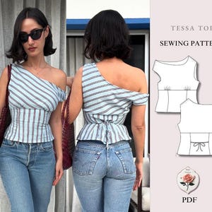 May include: A light blue one-shoulder top with thin red and white diagonal stripes, a fitted waist, and a back tie closure. The image includes a technical sewing pattern diagram labeled Tessa Top Sewing Pattern and a PDF icon.
