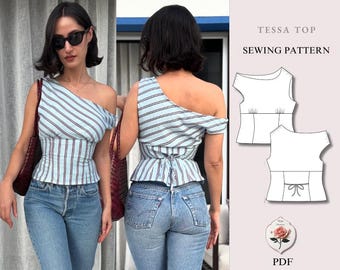 Tessa Top | Asymmetric One Shoulder Top Pattern | Off Shoulder Fitted Corset Style Blouse | Sizes XXS–2XL | Instant Easy PDF Download