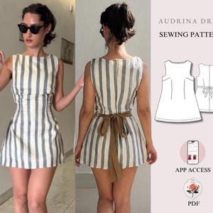 May include: A sewing pattern for the Audrina dress, featuring a sleeveless, short, striped dress with a boat neckline. The design includes a back view with a brown tie-waist detail, technical line drawings, and icons for app access and PDF format.