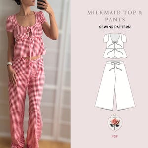 Może przedstawiać: Wzór szycia na górę i spodnie w kratę w kolorze czerwonym i białym w stylu mleczarki. Wzór zawiera rysunek góry i spodni z ilustracją róży i napisem "PDF".