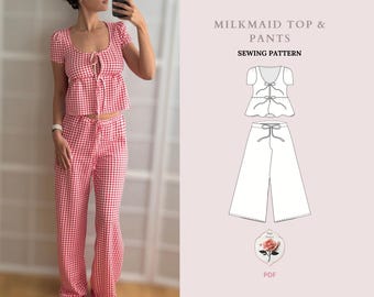 PDF Sewing Pattern | Linen Milkmaid Top + Wide Leg Pants Pattern | Tie Crop Top | Easy Sewing Pattern | XXS-5XL| Instant Download