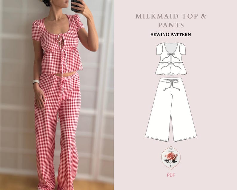 May include: A red and white gingham milkmaid top and pants sewing pattern. The set includes a short-sleeved top with a front tie closure and wide-leg pants with a drawstring waist. The text reads MILKMAID TOP & PANTS SEWING PATTERN PDF.