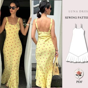 Puede incluir: Un vestido amarillo largo hasta el suelo con un pequeño estampado floral rojo, con escote redondo, tirantes anchos y un dobladillo con volantes. La imagen incluye un dibujo técnico del patrón de costura Luna Dress con el texto PDF.