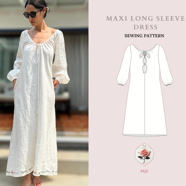 Robe Noor | Patron de robe chasuble à manches longues en lin | Tutoriel de couture facile | Robe chemise bohème | Robe à manches bouffantes | TÉLÉCHARGEMENT INSTANTANÉ