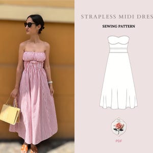 Op de afbeelding: Een vrouw draagt een rood-wit gestreepte strapless midi-jurk en houdt een gele handtas vast. De jurk heeft een getailleerd lijfje en een zwierige rok. De afbeelding bevat ook een naaipatroon voor een strapless midi-jurk.