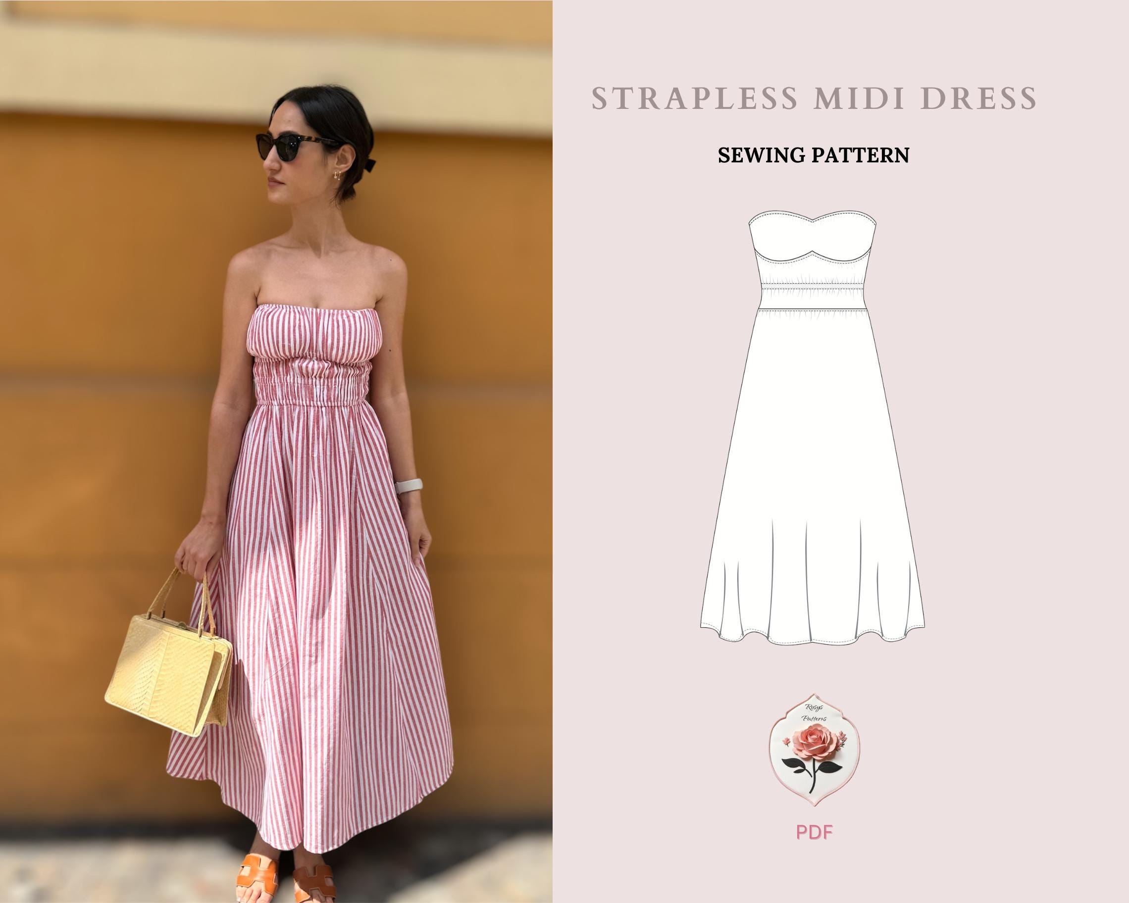 Strapless maxi-jurkpatroon | PDF-naaipatroon | Coquette-jurkpatroon | Een lijnjurkpatroon | Eenvoudig naaipatroon | DIRECT DOWNLOADEN