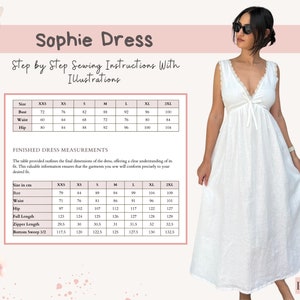 Op de afbeelding: Een naaipatroon voor een witte, mouwloze jurk met een V-hals en een geplooide taille. Het patroon bevat stapsgewijze instructies en illustraties. De tabel toont de maten voor de maten XXS tot 2XL in inches.