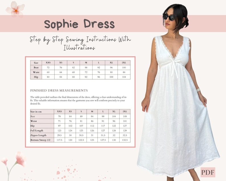 Op de afbeelding: Een naaipatroon voor een witte, mouwloze jurk met een V-hals en een geplooide taille. Het patroon bevat stapsgewijze instructies en illustraties. De tabel toont de maten voor de maten XXS tot 2XL in inches.