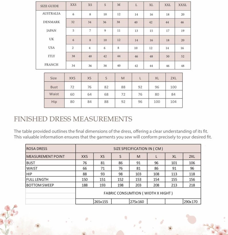 May include: A chart showing size specifications for a Rosa dress in inches. The chart includes measurements for bust, waist, hip, full length, and bottom sweep. The chart also includes fabric consumption in inches.