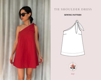Amy Dress | Tie Shoulder Mini Dress Pattern + Video Tutorial | One Shoulder Dress | PDF Sewing Pattern | INSTANT DOWNLOAD