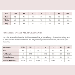 May include: A table showing dress measurements in inches and centimeters. The table includes sizes from XXS to 2XL, with bust, waist, and hip measurements in inches, and bust, full length, zipper length, and bottom sweep measurements in centimeters.