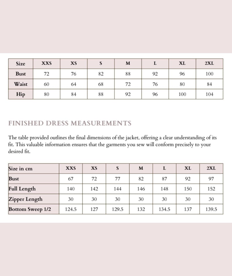 May include: A table showing dress measurements in inches and centimeters. The table includes sizes from XXS to 2XL, with bust, waist, and hip measurements in inches, and bust, full length, zipper length, and bottom sweep measurements in centimeters.