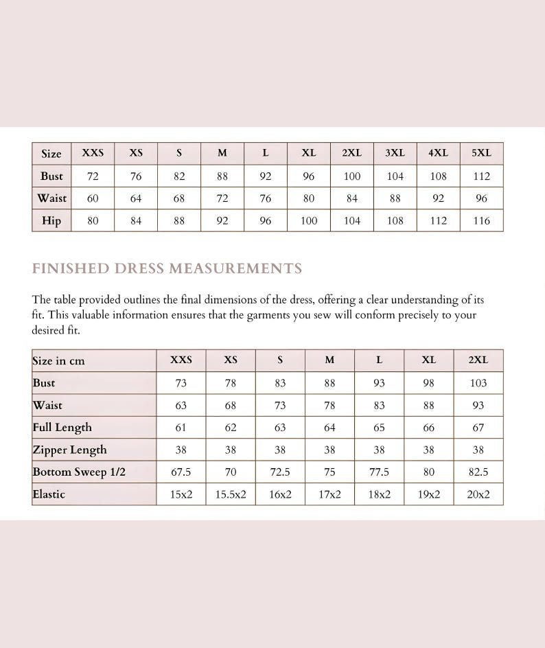 May include: A detailed chart displaying dress measurements in inches and centimeters. The chart includes bust, waist, and hip measurements for various sizes, from XXS to 5XL. The text "FINISHED DRESS MEASUREMENTS" is at the top.