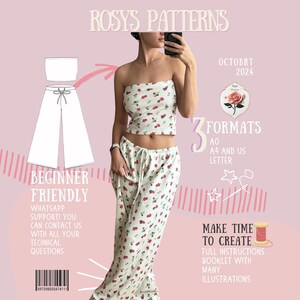 May include: A digital illustration of a women's clothing pattern for a strapless top and wide-legged pants. The pattern is for a beginner-friendly project and includes full instructions with illustrations. The pattern is available in three formats: A0, A4, and US Letter.