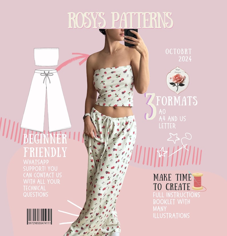 May include: A digital illustration of a women's clothing pattern for a strapless top and wide-legged pants. The pattern is for a beginner-friendly project and includes full instructions with illustrations. The pattern is available in three formats: A0, A4, and US Letter.