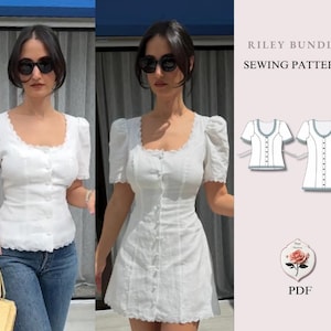 Könnte beinhalten: Ein Riley Bundle Schnittmuster als PDF mit einem weißen Oberteil und Kleid mit Puffärmeln, eckigem Ausschnitt und durchgehender Knopfleiste. Die Kleidungsstücke sind mit Spitzenborten verziert. Die Datei enthält technische Zeichnungen.
