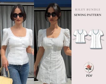 Puede incluir: Un patrón de costura PDF Riley Bundle que incluye un top y un vestido blancos con mangas abullonadas, escote cuadrado y cierre frontal de botones. Las prendas tienen bordes de encaje. El archivo digital incluye dibujos técnicos.