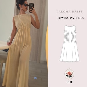 Puede incluir: Un vestido sin mangas de color amarillo pálido con pliegues verticales en el corpiño y una falda fluida. El vestido se muestra en una persona en un espejo. La imagen también incluye una ilustración de patrón de costura etiquetada como "PALOMA DRESS SEWING PATTERN" y un icono PDF.