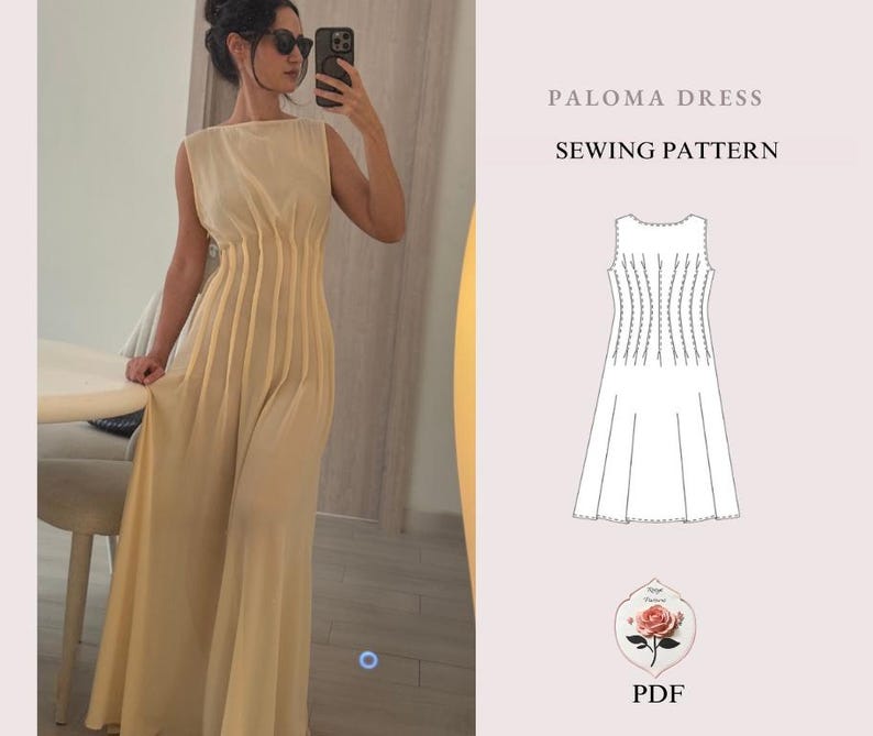 May include: A sleeveless, pale yellow dress with vertical pleats on the bodice and a flowing skirt. The dress is shown on a person in a mirror. The image also includes a sewing pattern illustration labeled "PALOMA DRESS SEWING PATTERN" and a PDF icon.