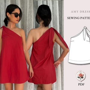Amy Jurk | Mini-jurk met strik op de schouder | Patroon + video-tutorial | Jurk met één schouder | PDF-naaipatroon | Maten XXS-2XL | Direct te downloaden