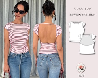 Coco top | Patroon voor een T-shirt met open rug | Aansluitend T-shirt met boothals | Geschikt voor beginners | Maten XXS–2XL | Direct te downloaden als PDF