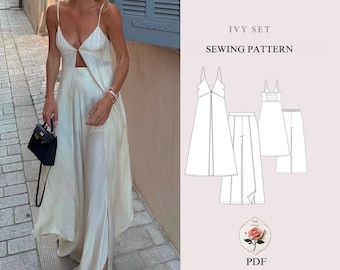 Ivy Set | Maxi Top & Wide Leg Pants Sewing Pattern | Cut-Out Spaghetti Strap Top + Wide-Leg Pants | Sizes XXS–2XL | Instant PDF Download