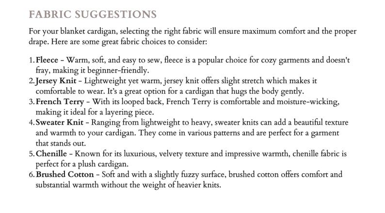 Op de afbeelding: Een lijst met suggesties voor stoffen voor een wollen cardigan, waaronder fleece, jersey, French terry, gebreid, chenille en geborsteld katoen.