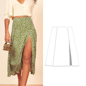 A-Line Classic Vintage Midi Skirt With Side Slit PDF digital sewing pattern 90's Skirt Sizes XXS-XXL