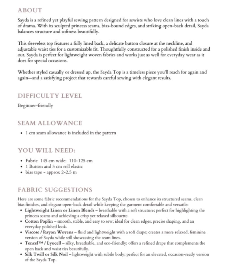 May include: Text from a sewing pattern description for the Sayda Top. The pattern includes details on fabric suggestions, seam allowance, and required materials. The difficulty level is beginner-friendly. The pattern suggests fabric 145 cm wide, 110-125 cm.