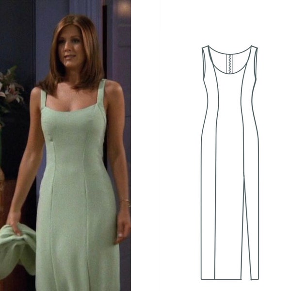 Vintage 90s Rachel Green Green Maxi Dress PDF Pattern Sizes XXS-XXL