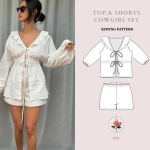 Könnte beinhalten: Ein weißes Nähmuster für ein Cowgirl-Oberteil und eine Shorts. Das Muster beinhaltet einen Rüschenkragen, einen Bindegürtel vorne und lange Ärmel. Die Shorts haben eine hohe Taille und eine lockere Passform. Das Muster ist als PDF-Download erhältlich.  TOP & SHORTS COWGIRL SET SEWING PATTERN