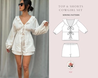 Tie Front Shirt + Shorts | Easy Sewing Pattern | Linen Shorts | Front Tie Blouse | PDF Sewing Pattern | Puffy Sleeve Top | INSTANT DOWNLOAD