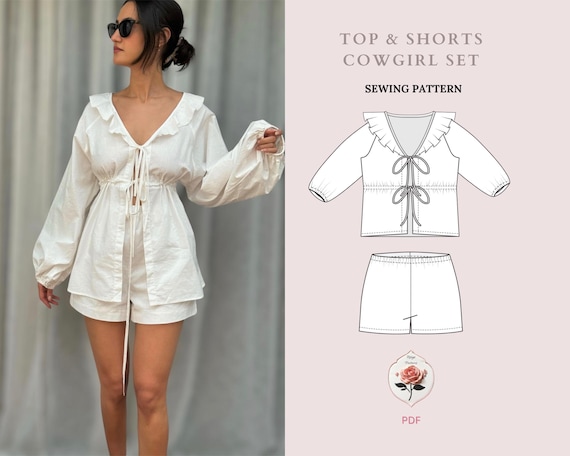 Tie Front Shirt + Shorts | Easy Sewing Pattern | Linen Shorts | Front Tie Blouse | PDF Sewing Pattern | Puffy Sleeve Top | INSTANT DOWNLOAD