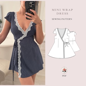 Könnte beinhalten: Ein Schnittmuster für ein Mini-Wickelkleid mit V-Ausschnitt und kurzen Ärmeln. Das Schnittmuster ist auf weißem Hintergrund mit einer Rosenillustration und dem Wort "PDF" abgebildet.