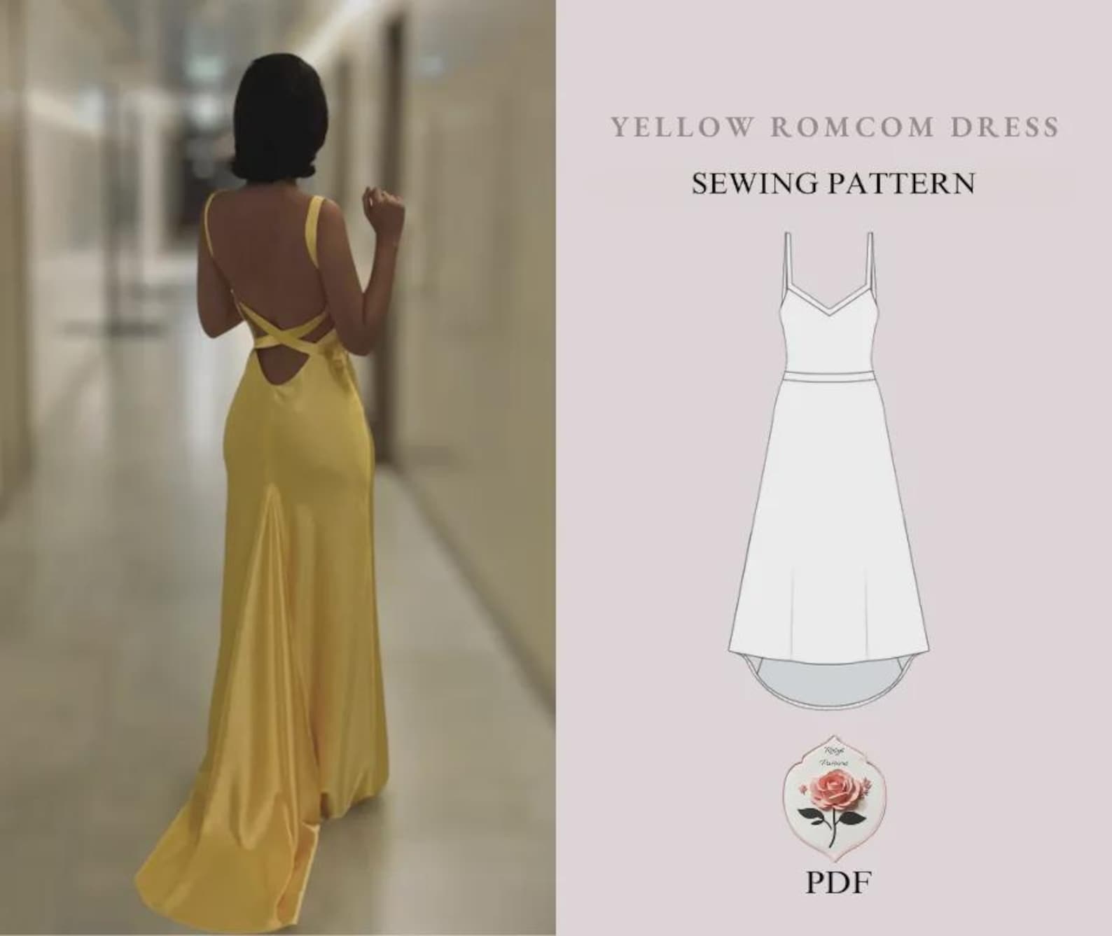 Roms Pattern Yellow Rom Com Dress Pattern | Satin Evening Gown Pattern | How to Lose ...