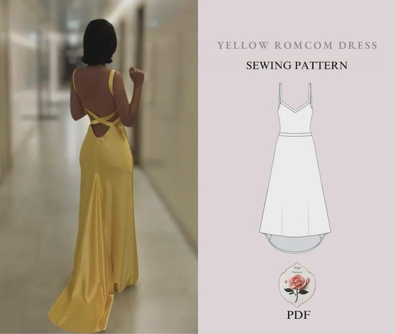 Patrón de vestido amarillo de comedia romántica | Patrón de vestido de noche de satén | Vestido "Cómo perder a un chico en 10 días" | Tutorial de costura en PDF | DESCARGA INSTANTÁNEA imagen 1