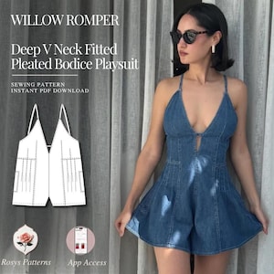 May include: A blue denim playsuit featuring a deep V-neck, a fitted pleated bodice, and thin straps. The image includes text reading WILLOW ROMPER, Deep V Neck Fitted Pleated Bodice Playsuit, SEWING PATTERN INSTANT PDF DOWNLOAD, and Rosys Patterns.