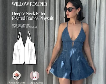 Willow Romper | Deep V Neck Romper Pattern | Fitted Pleated Bodice Playsuit | Beginner Friendly | Sizes XXS–2XL | Instant PDF Download
