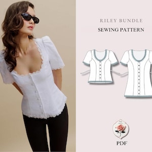 Riley Bundle | Vintage Inspired Top & Dress Pattern | Puff Sleeve Sweetheart Set | Sizes XXS–2XL | Easy Sewing Pattern | INSTANT DOWNLOAD