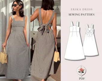 Erika Dress | Open Back Midi Dress | Square Neck Empire Dress with Tie Bow | Beginner Friendly | Sizes XXS–2XL | Instant PDF Download
